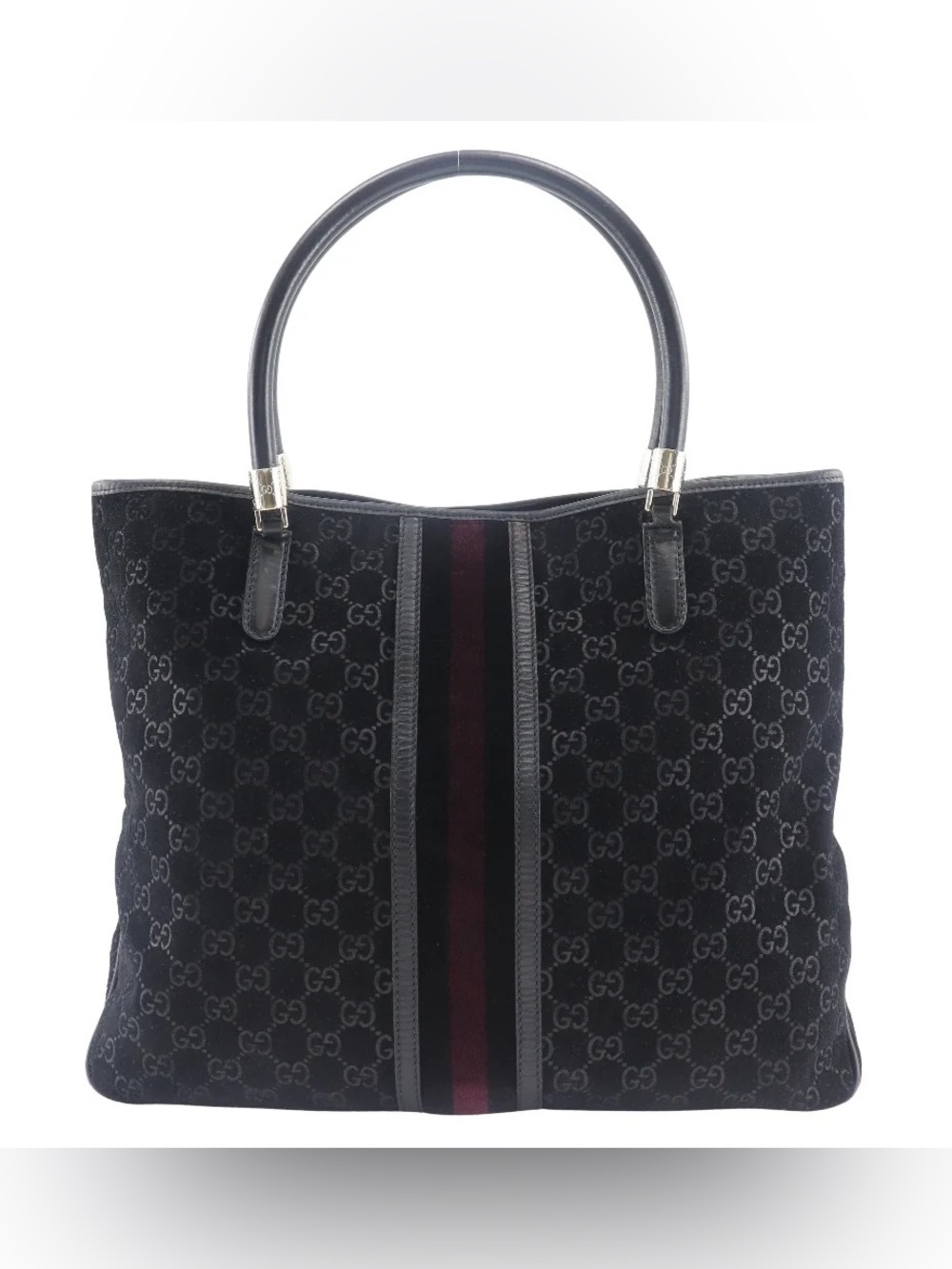 Gucci GG Sherry Line Black Burgundy Suede XL Tote